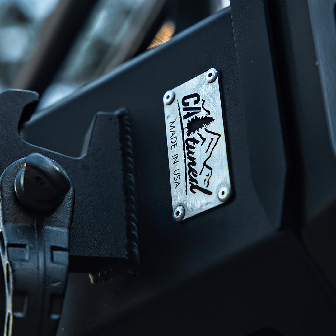 Close view of a made in USA badge on the bumper