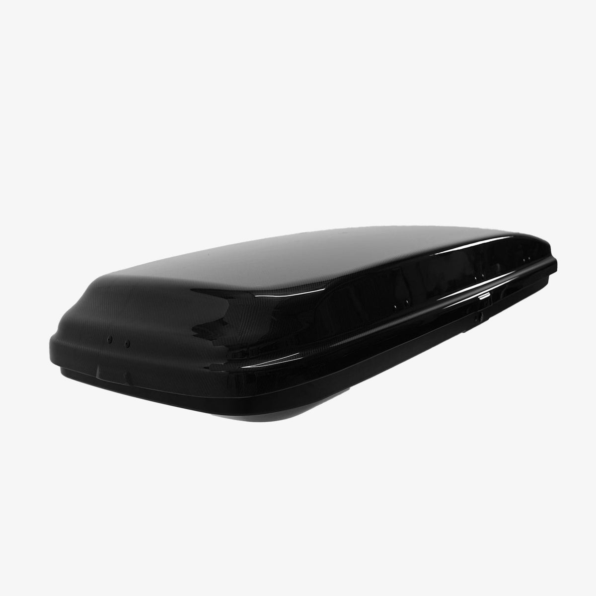 Black carbon fiber cargo box, front three-quarter view