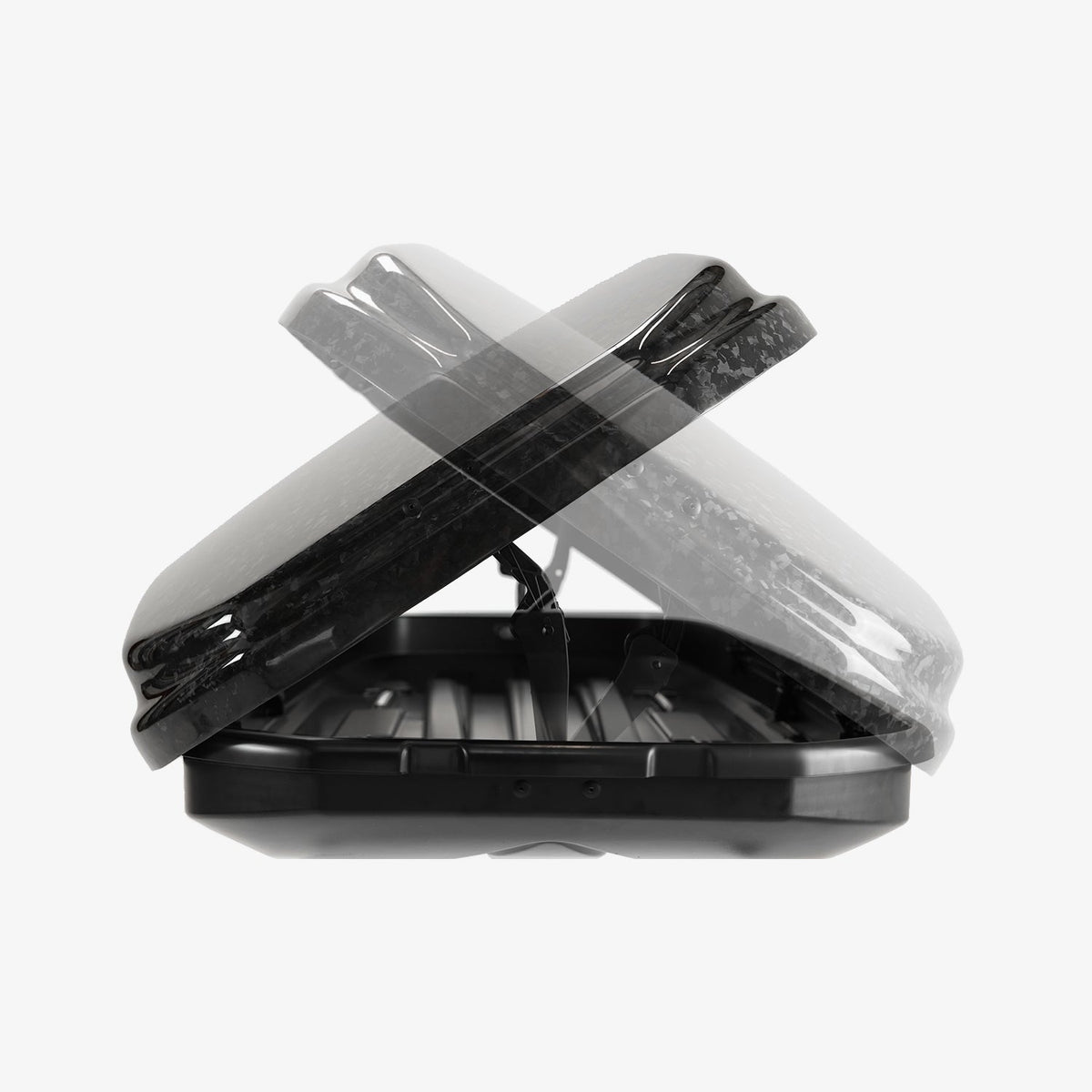 Carbon fiber cargo box shown closed and with the lid raised open