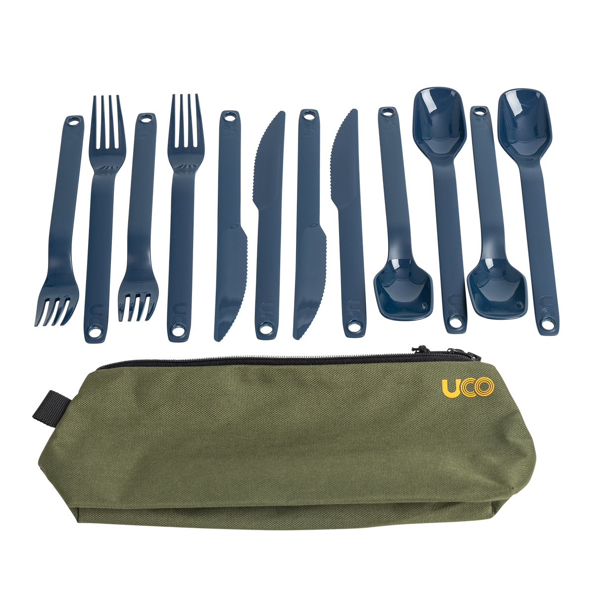 Full array of navy blue forks, knives, and spoons fanned out with the utensil case in the background