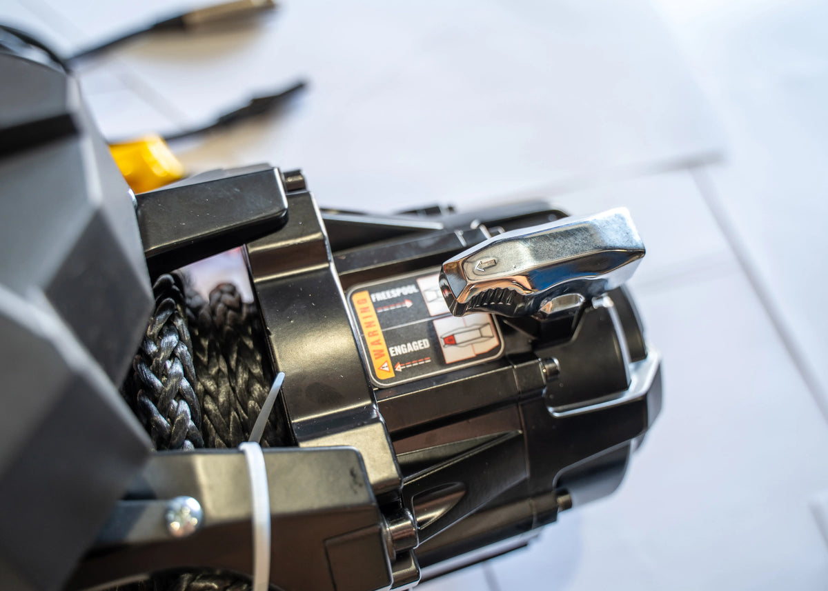 Backwoods 12,000lb winch synthetic line and fairlead, close-up