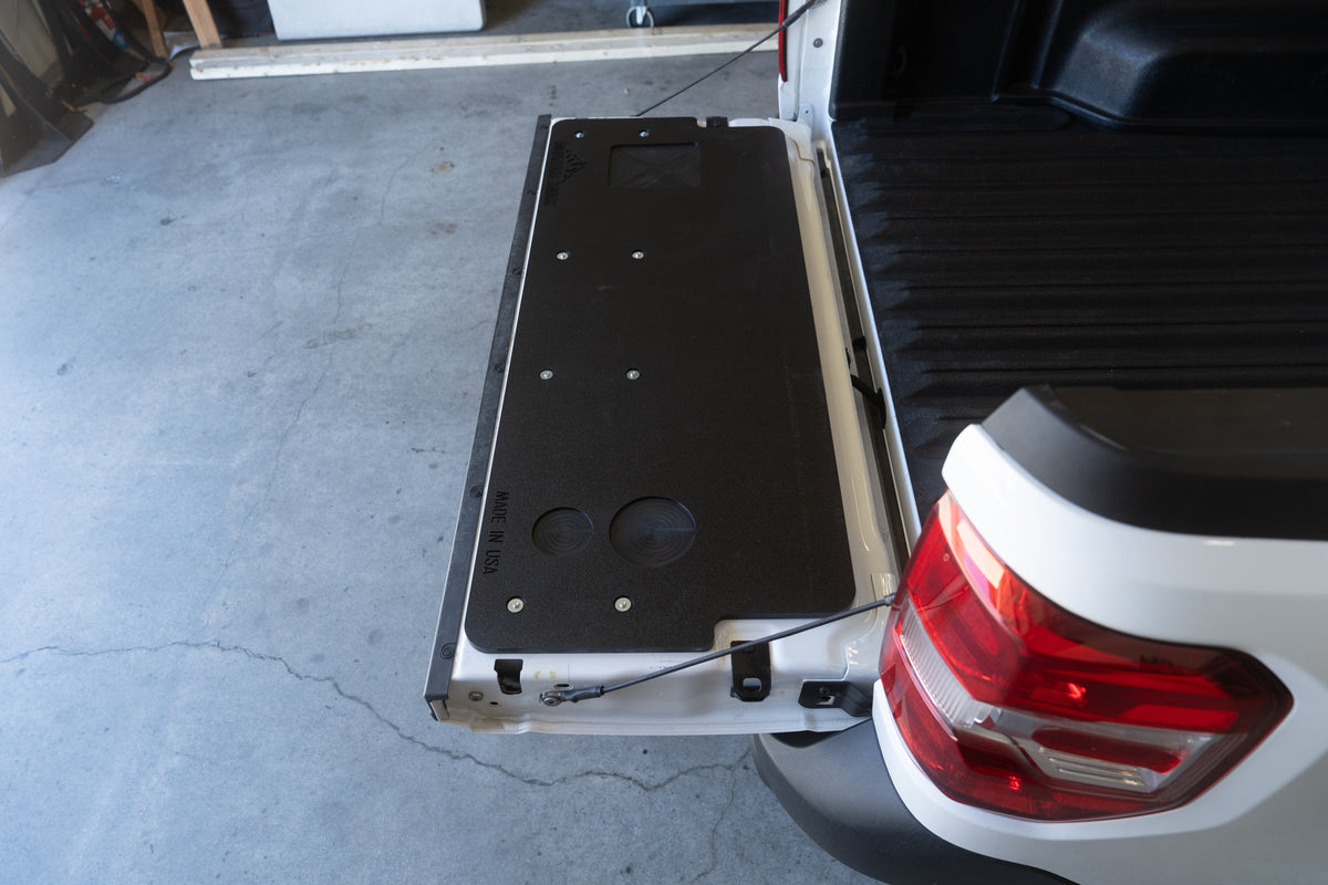 Overhead view of the Mountain Hatch panel on a Ford Maverick tailgate from the driver side