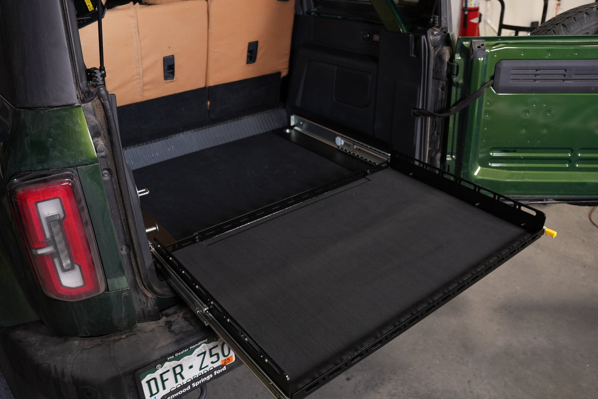 Bronco Slide Floor 2.0 extended, viewed from the rear corner