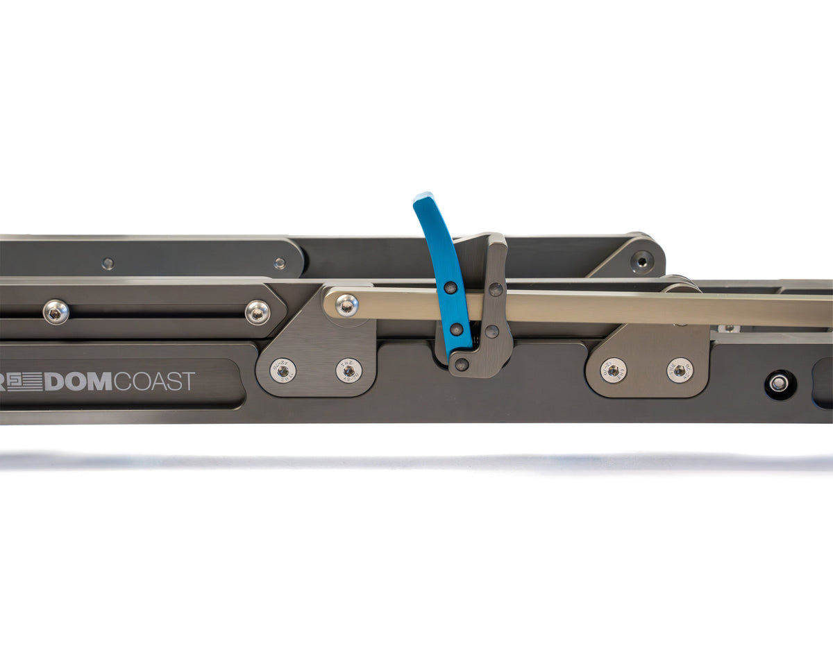 Detail of the HOVR blue release lever on the rack base