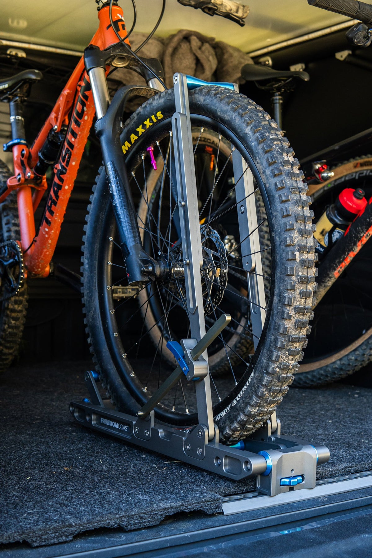 HOVR rack holding a bike by the front wheel in a truck bed
