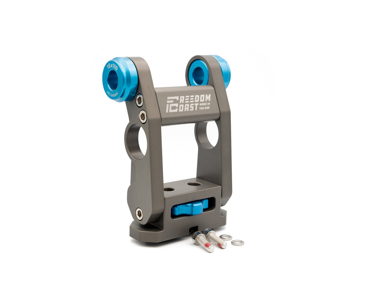 Freedom Coast adjustable fork mount with blue axle adapters and mounting bolts
