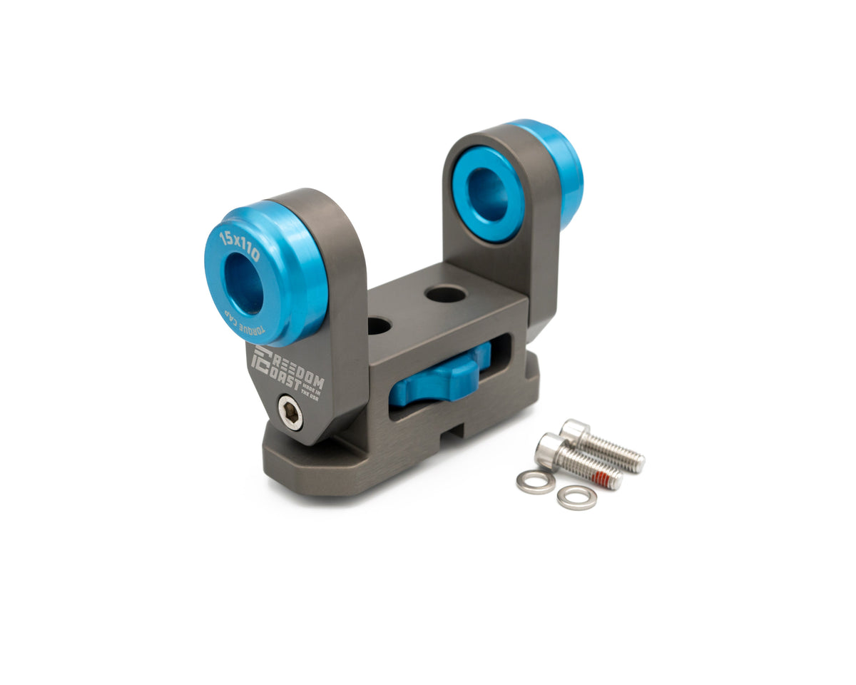 Freedom Coast micro adjustable fork mount with blue adapters and bolts