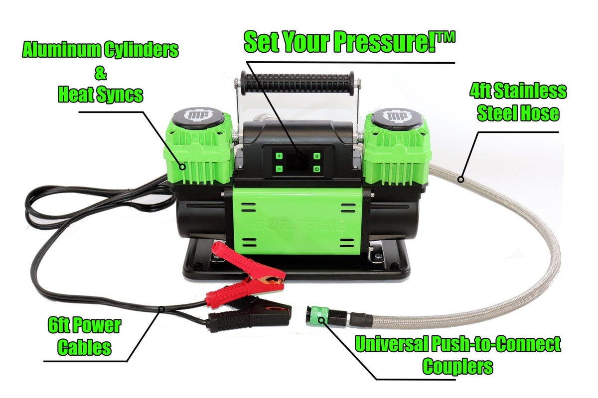 MORRFlate TenSix PSI Pro compressor with callouts for Set Your Pressure control, aluminum cylinders and heat sinks, 4ft stainless steel hose, 6ft power cables, and push-to-connect couplers