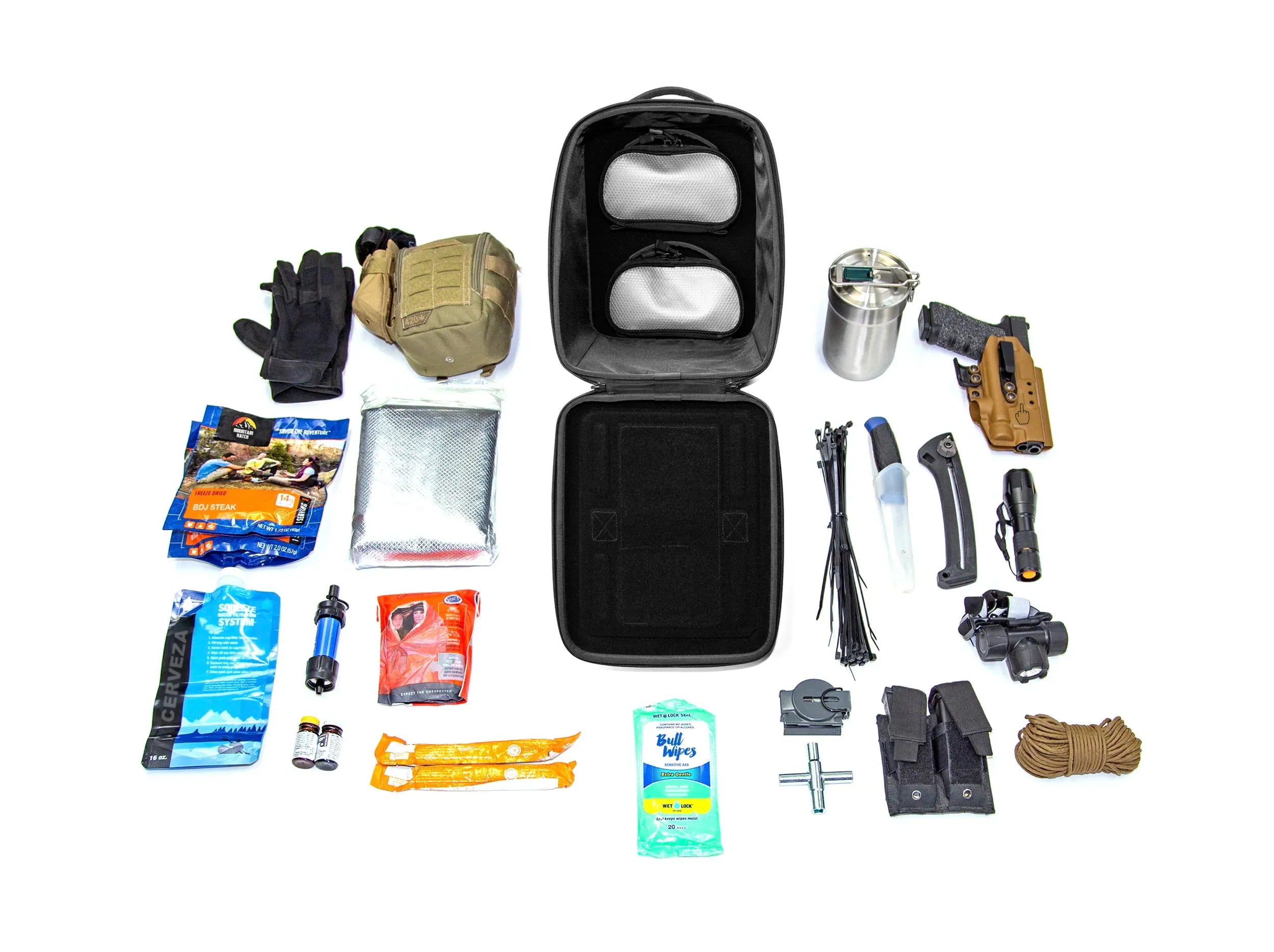 OPENED UTILITY BAG WITH POSSIBLE CONTENTS