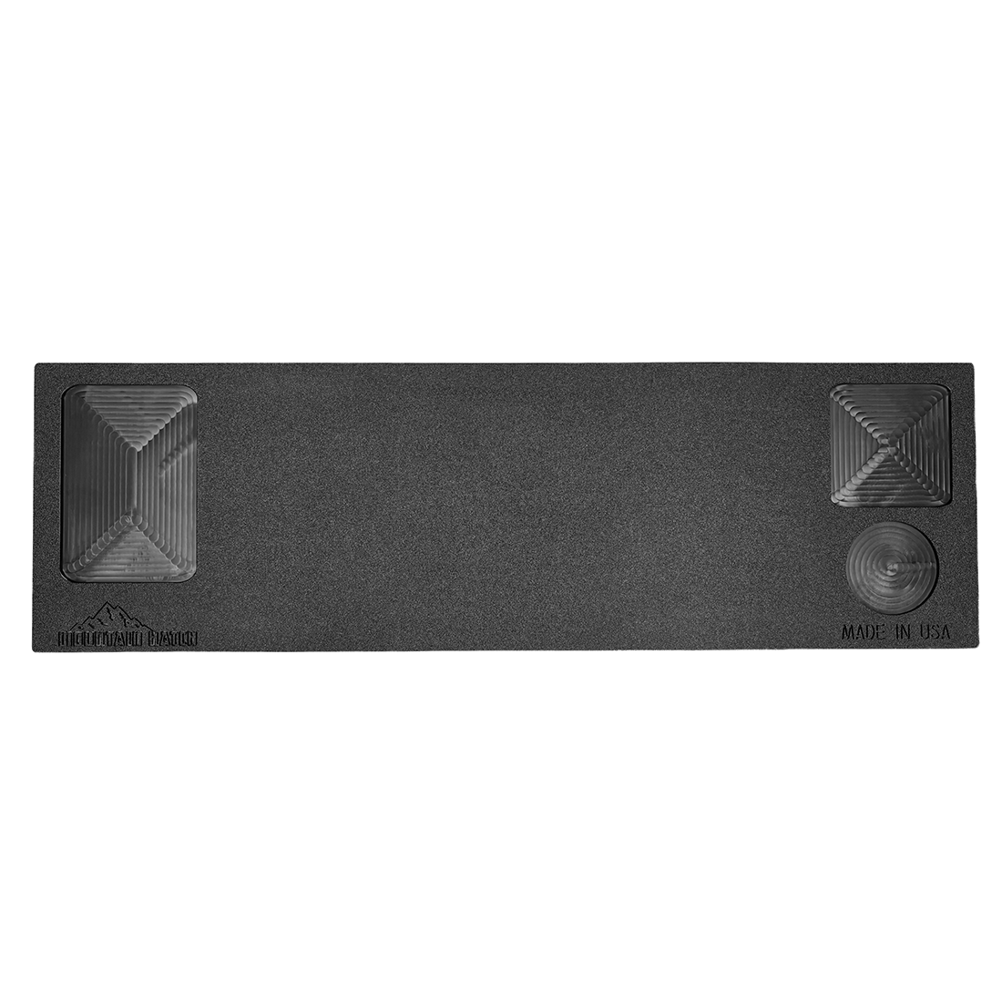 Mountain Hatch Grab n' Go portable HDPE cutting board, flat view showing the recessed tray and round drink holder