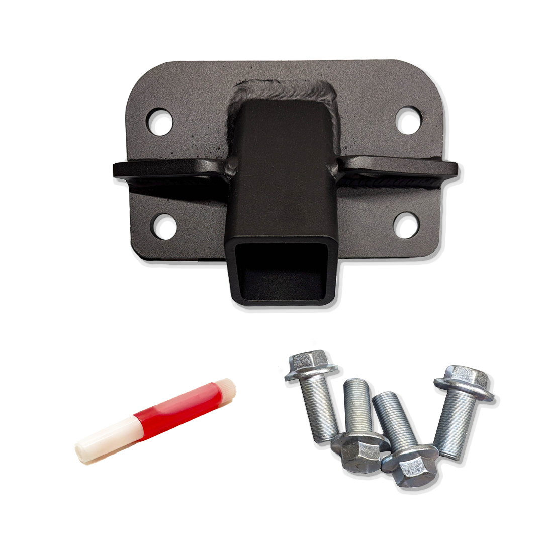 Black 2-inch hitch receiver plate with a red and white item and four bolts on a black background