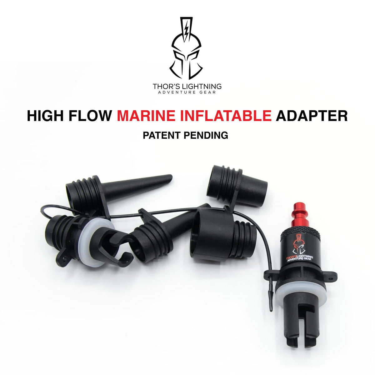 Thor's Lightning High Flow Marine Inflatable Adapter branding graphic with the six included valve attachments and hose adapter