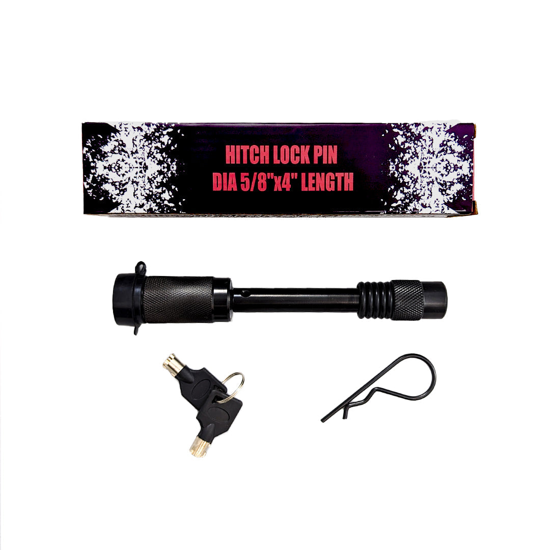 Hitch lock pin with two keys and a clip beside its packaging