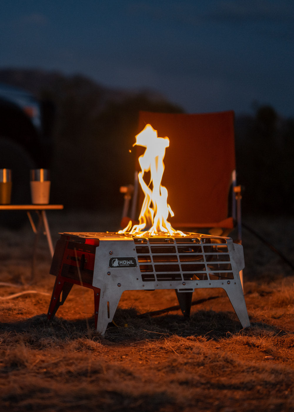 Howl R4 Portable Propane Campfire with Snow Peak Camp Chairs in background