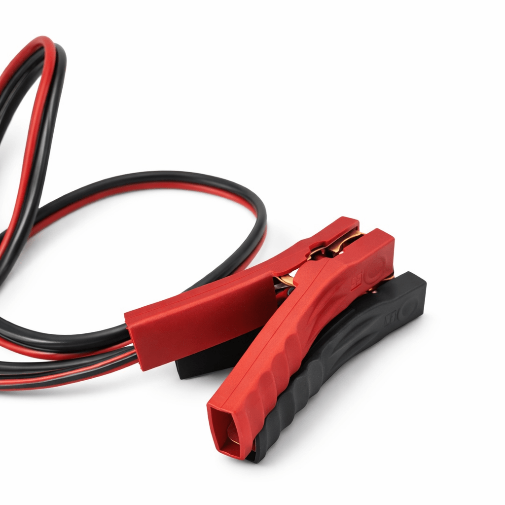 Close-up of Lightning Strike Pro's 120-amp Anderson-style power connector with red and black battery clamps