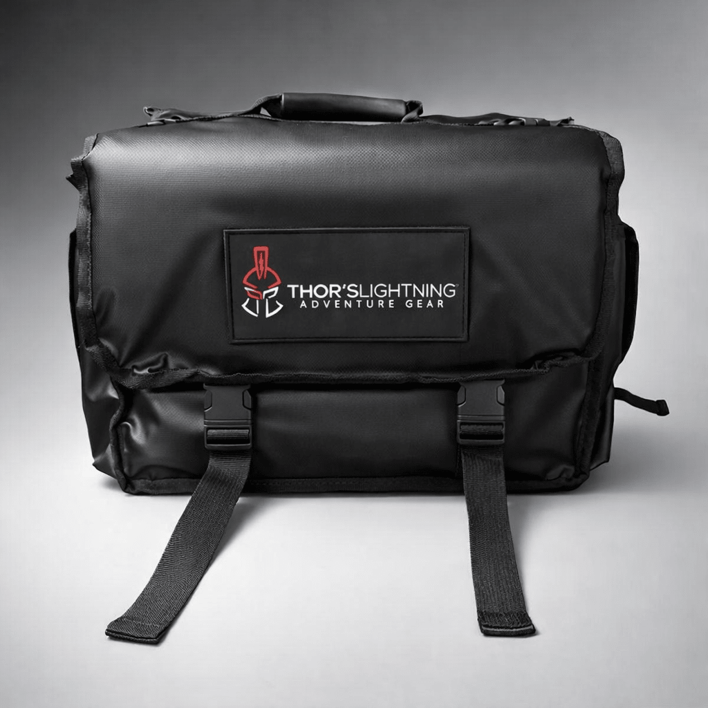 Thor's Lightning Adventure Gear heavy-duty padded carrying bag, front view with logo patch
