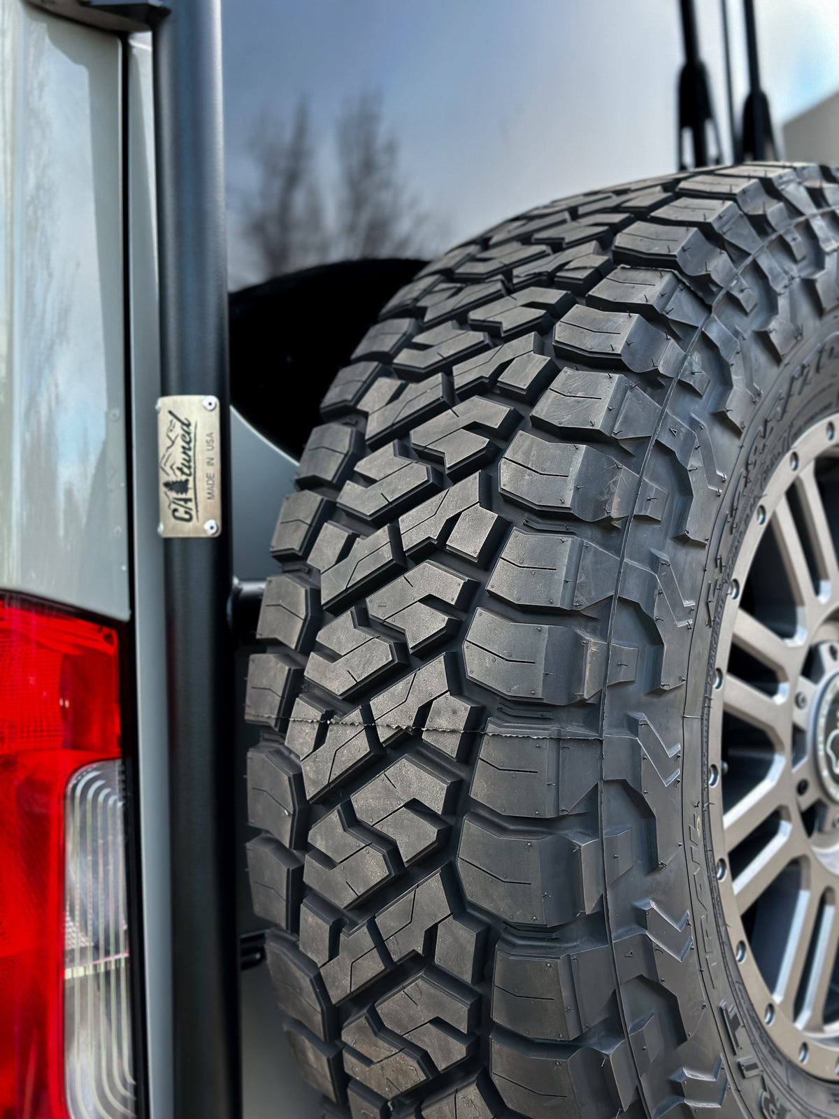 Close view of the spare tire tread on the carrier