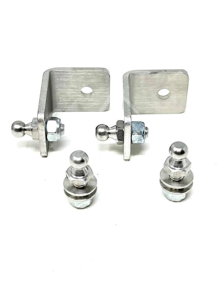 Two metal mounting brackets with ball studs, washers and nuts on a white background