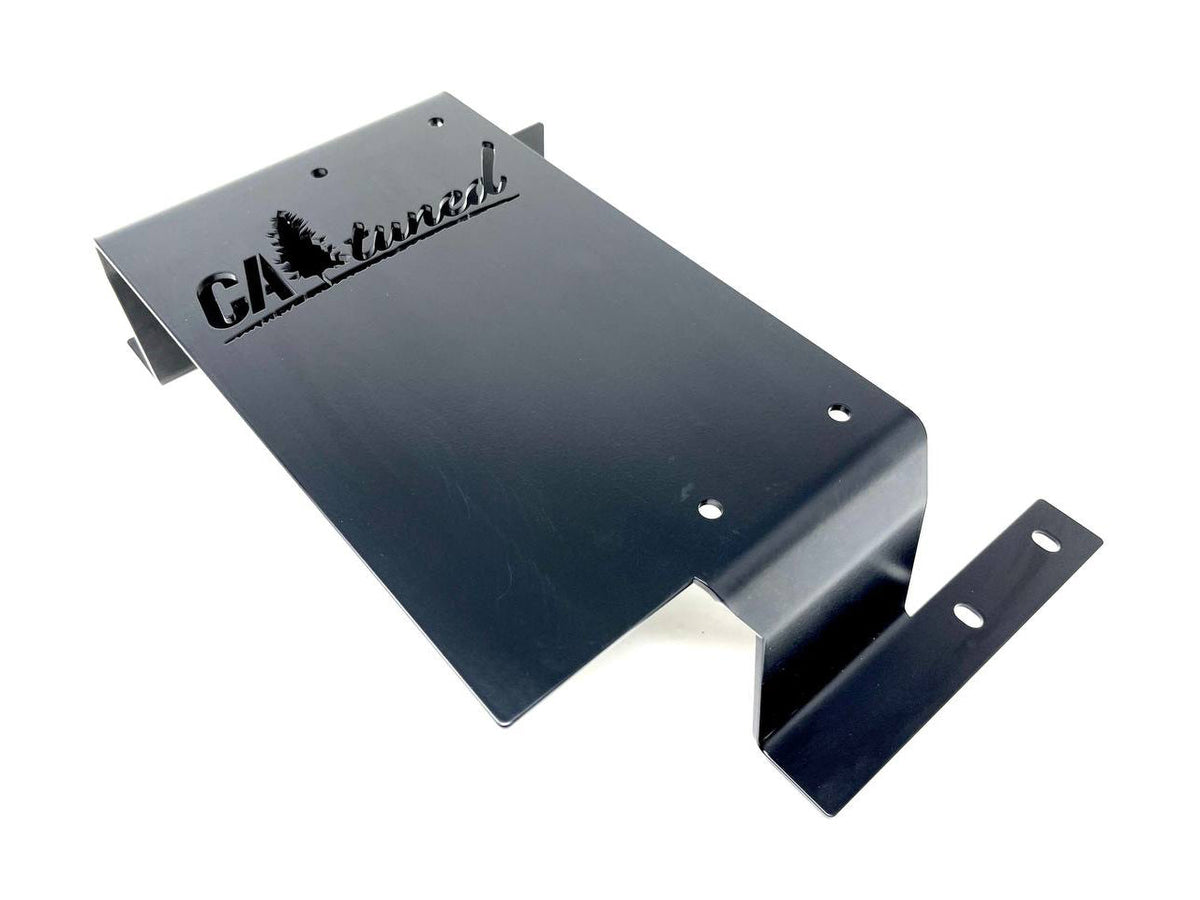 Black steel mount plate with a logo, angled