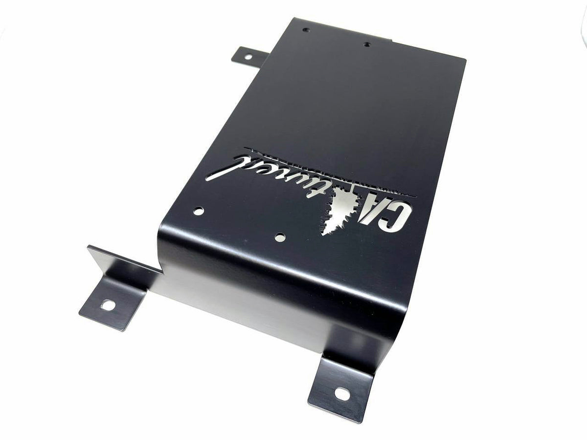 Black steel mount with a logo, three-quarter view