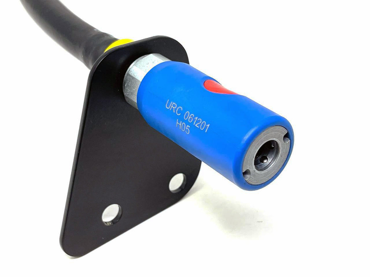 Blue quick-connect coupling on a small black bracket