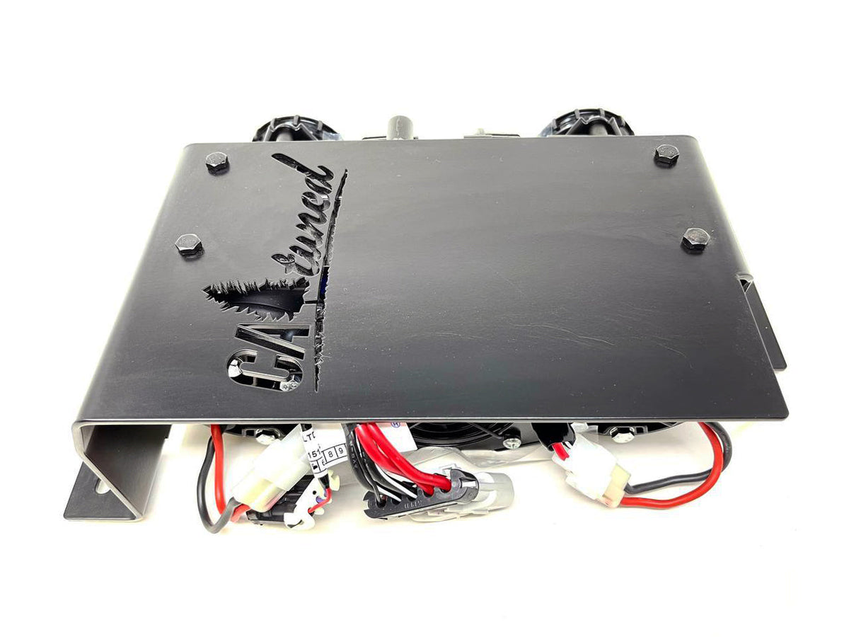 Black mount plate with a logo and wiring on a white background