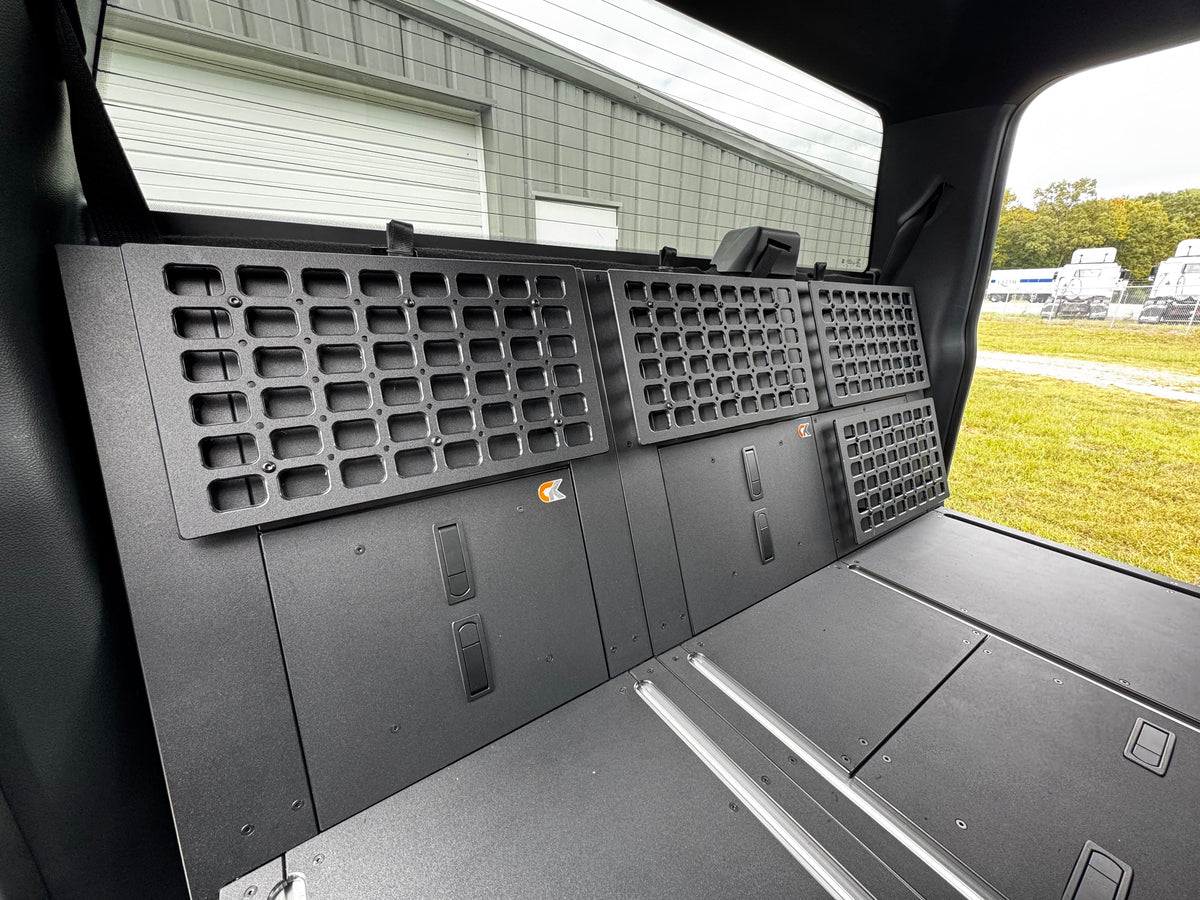 CargoKits Universal Molle Panel and drawer cabinet installed together, close-up view