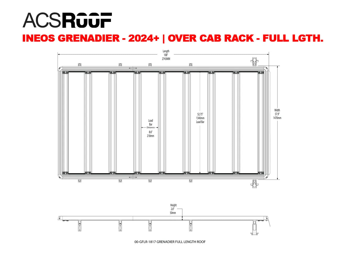DIAGRAM OF ACS ROOF INEOS GRENADIER 2024+ OVER CAB RACK FULL LENGTH WITH MEASUREMENTS