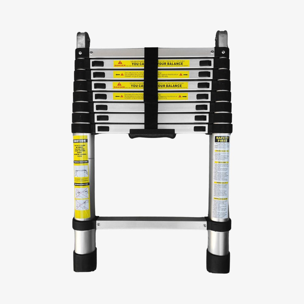 Collapsed telescopic ladder with strap and rubber feet