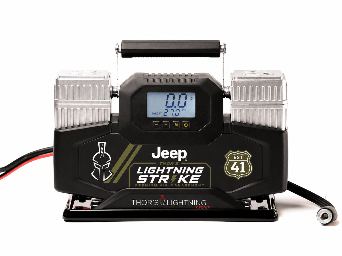 Thor's Lightning Lightning Strike Pro air compressor, Jeep Edition faceplate with Jeep branding and Est. 41 badge, front view on white background