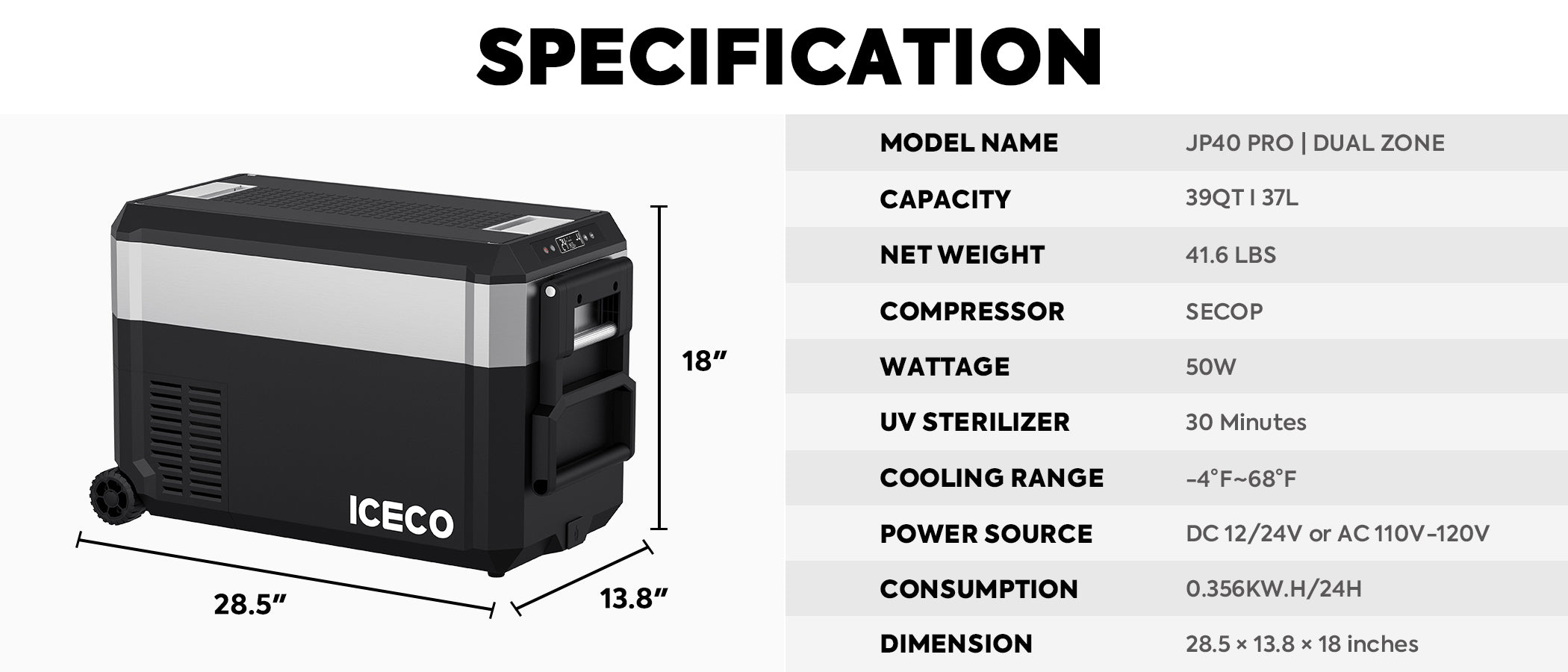 JP40 Pro Dual Zone Wheeled Portable Freezer- Golden | ICECO | 40 LT JP Pro Series ICECO- Overland Kitted