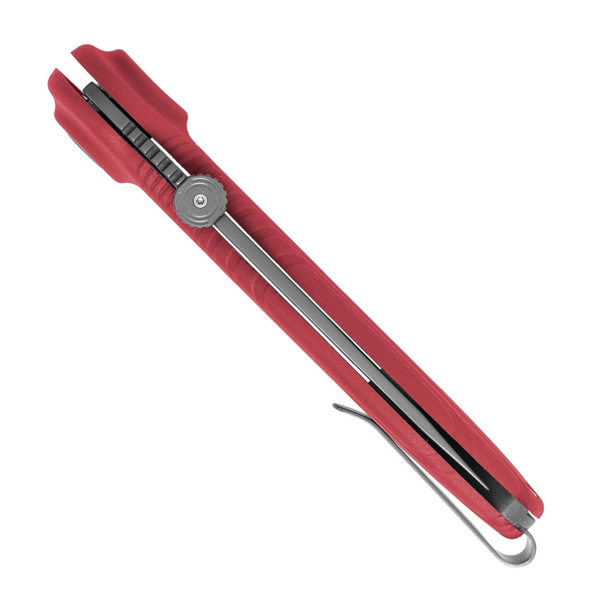 Red UCO Whidbey Mini folding knife lying open, showing both sides of the handle