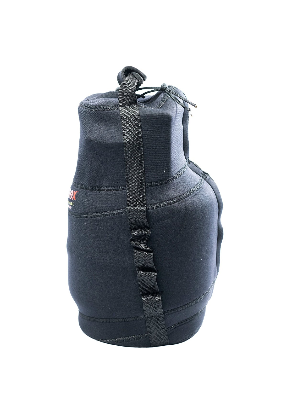 Navy neoprene tank top propane cylinder cover shown solo on white background, front angle showing the drawstring top and carry strap