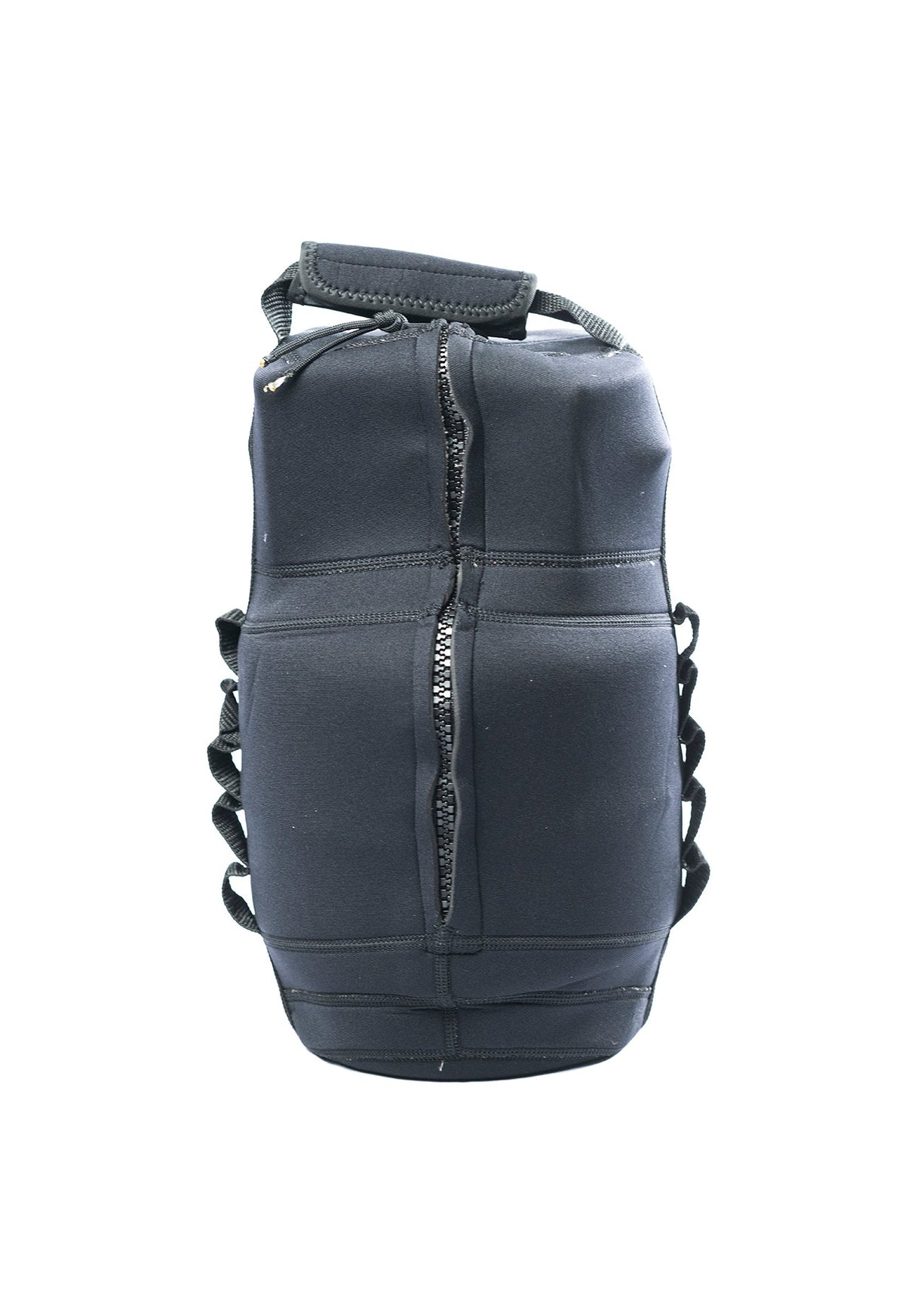 Navy neoprene tank top propane cylinder cover shown solo on white background, showing its drawstring top and carry strap