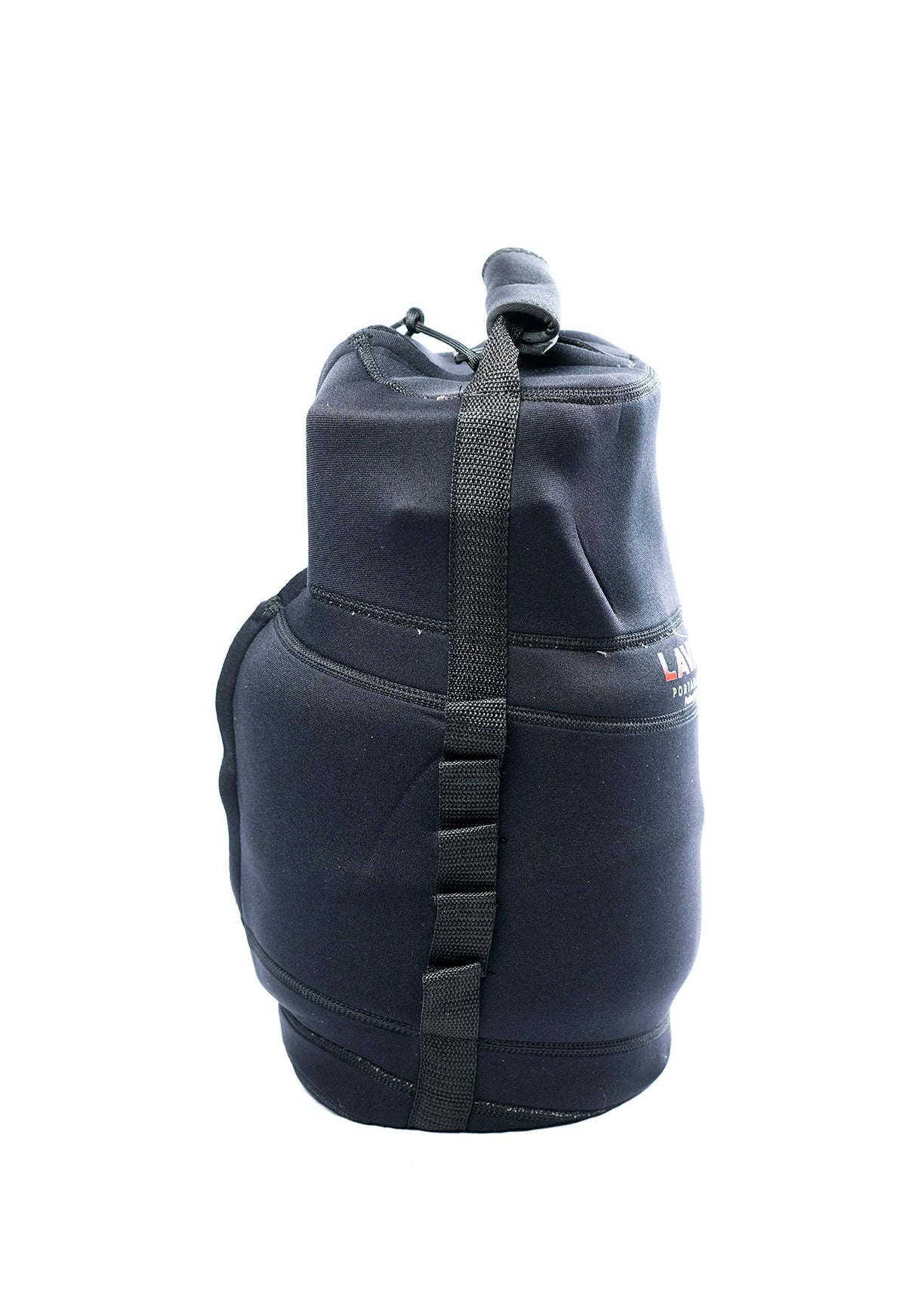 Navy neoprene tank top propane cylinder cover shown solo on white background, showing the drawstring closure and strap
