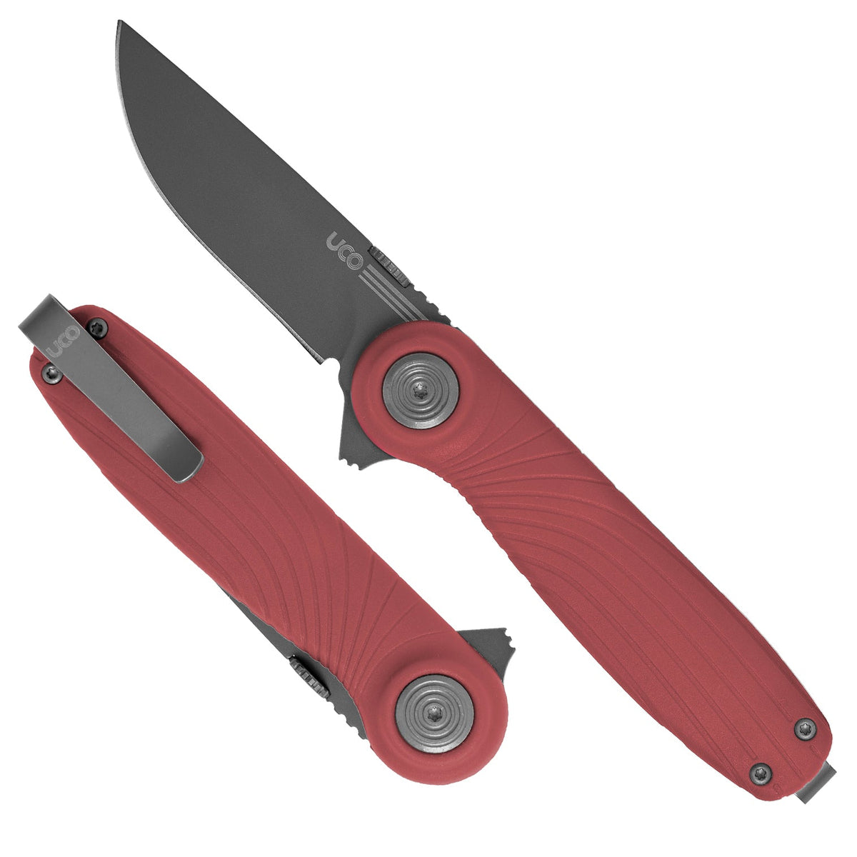 Red UCO Whidbey Mini folding knife shown closed, product shot