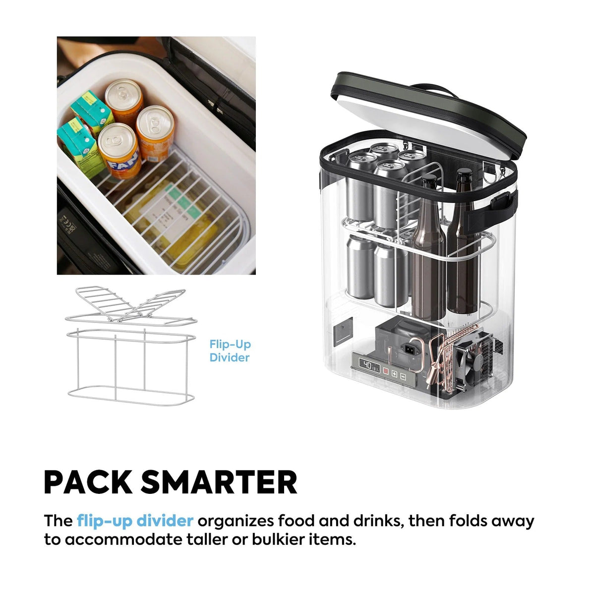 Graphic showing the GOPACK12 flip-up divider organizing food and drinks