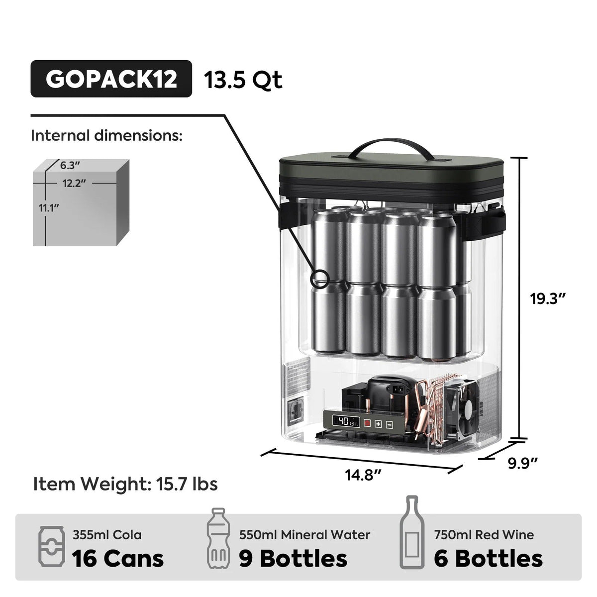 GOPACK12 dimensions and capacity graphic showing 13.5 quarts, 16 cans, 9 bottles and 6 wine bottles