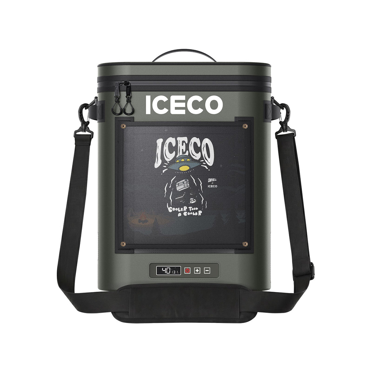ICECO GOPACK12 backpack cooler with the shoulder strap attached, front view