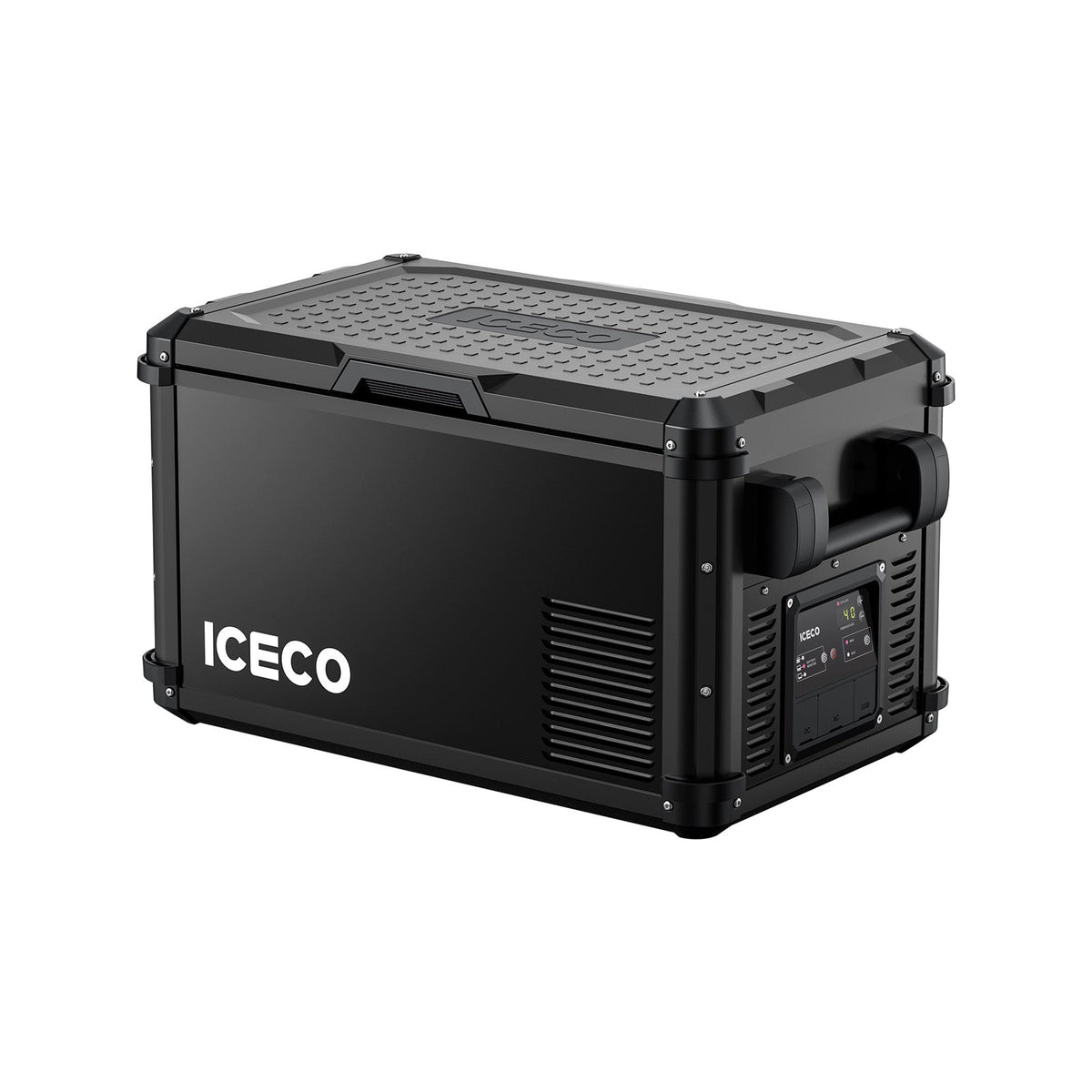 ICECO VL35ProS portable freezer in black, front three-quarter view with the lid closed