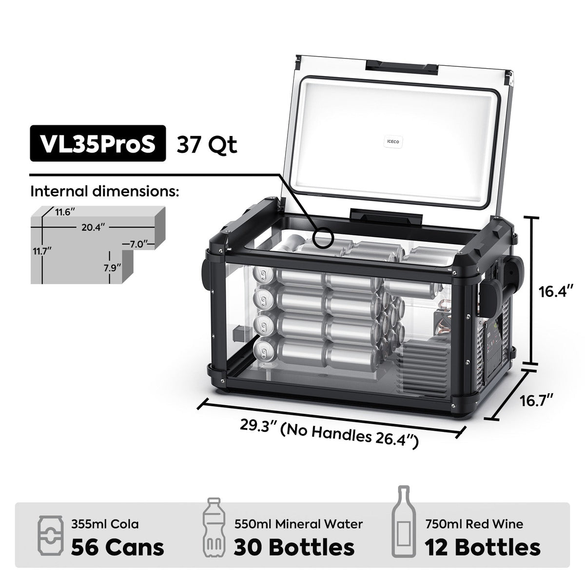 VL35ProS dimensions and capacity graphic showing 37 quarts, 56 cans, 30 bottles and 12 wine bottles