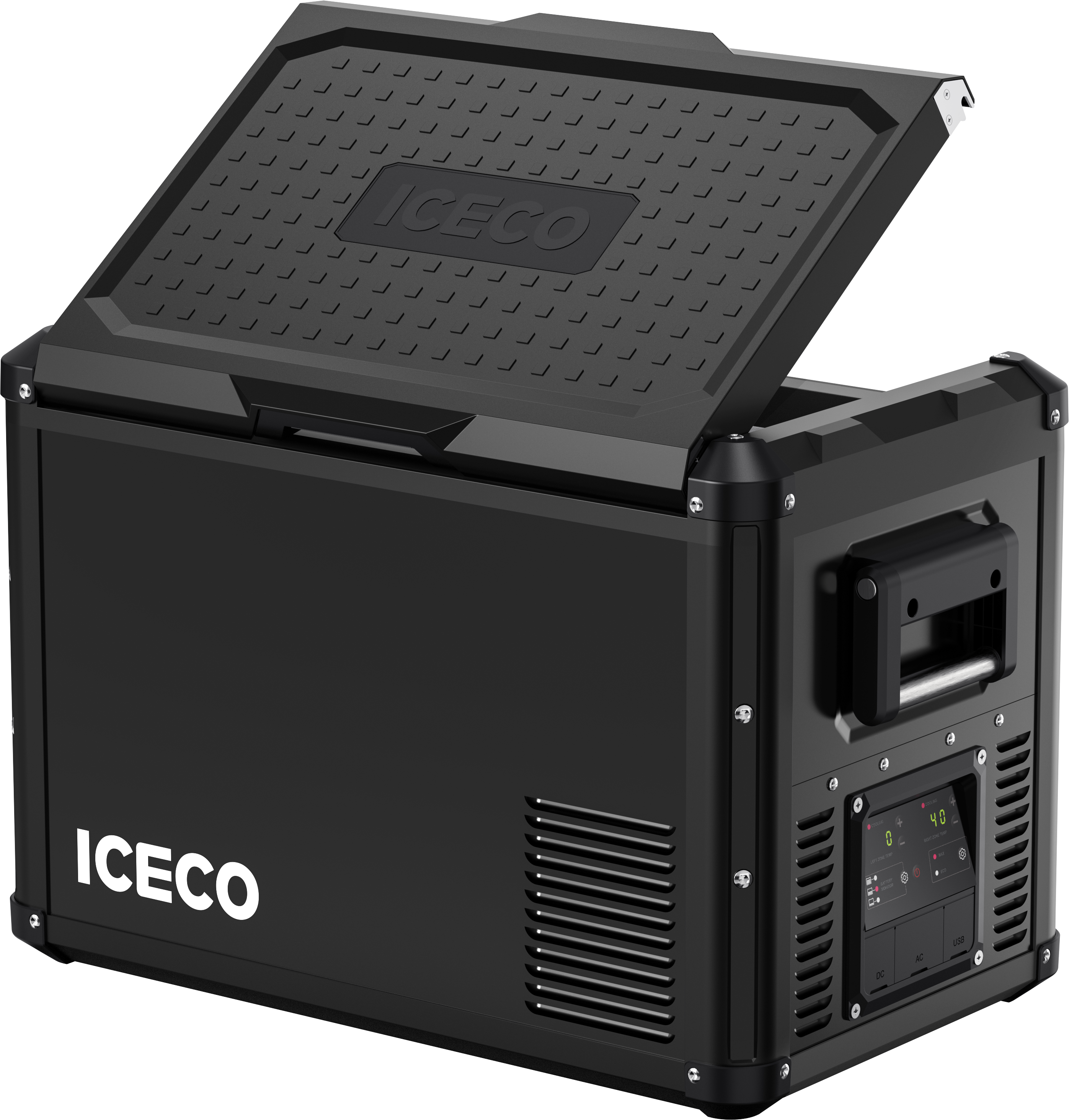 Black VL45PROD dual zone Fridge Freezer Iceco with lid open 