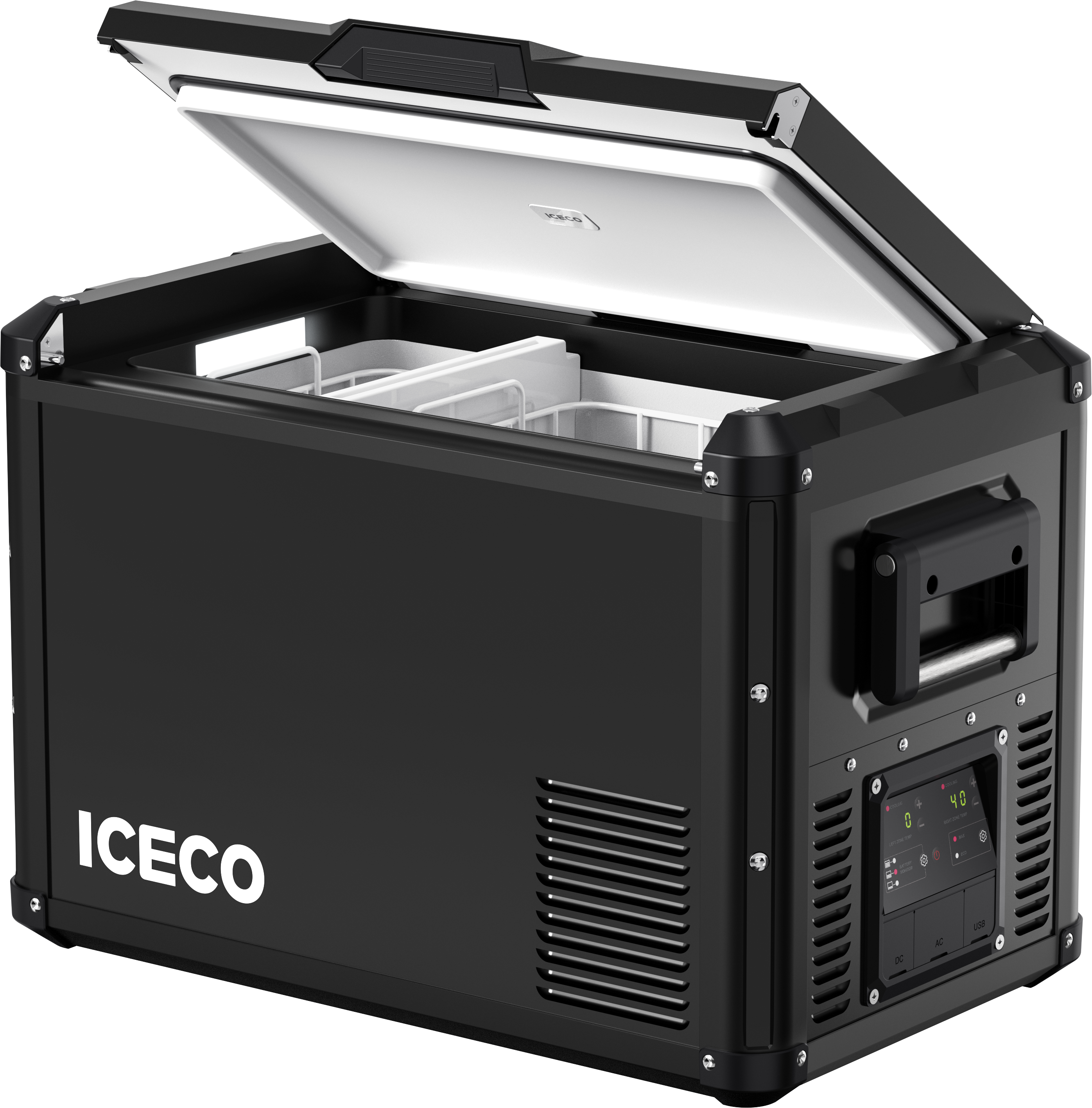 Black VL45PROD Fridge Freezer Iceco with lid open