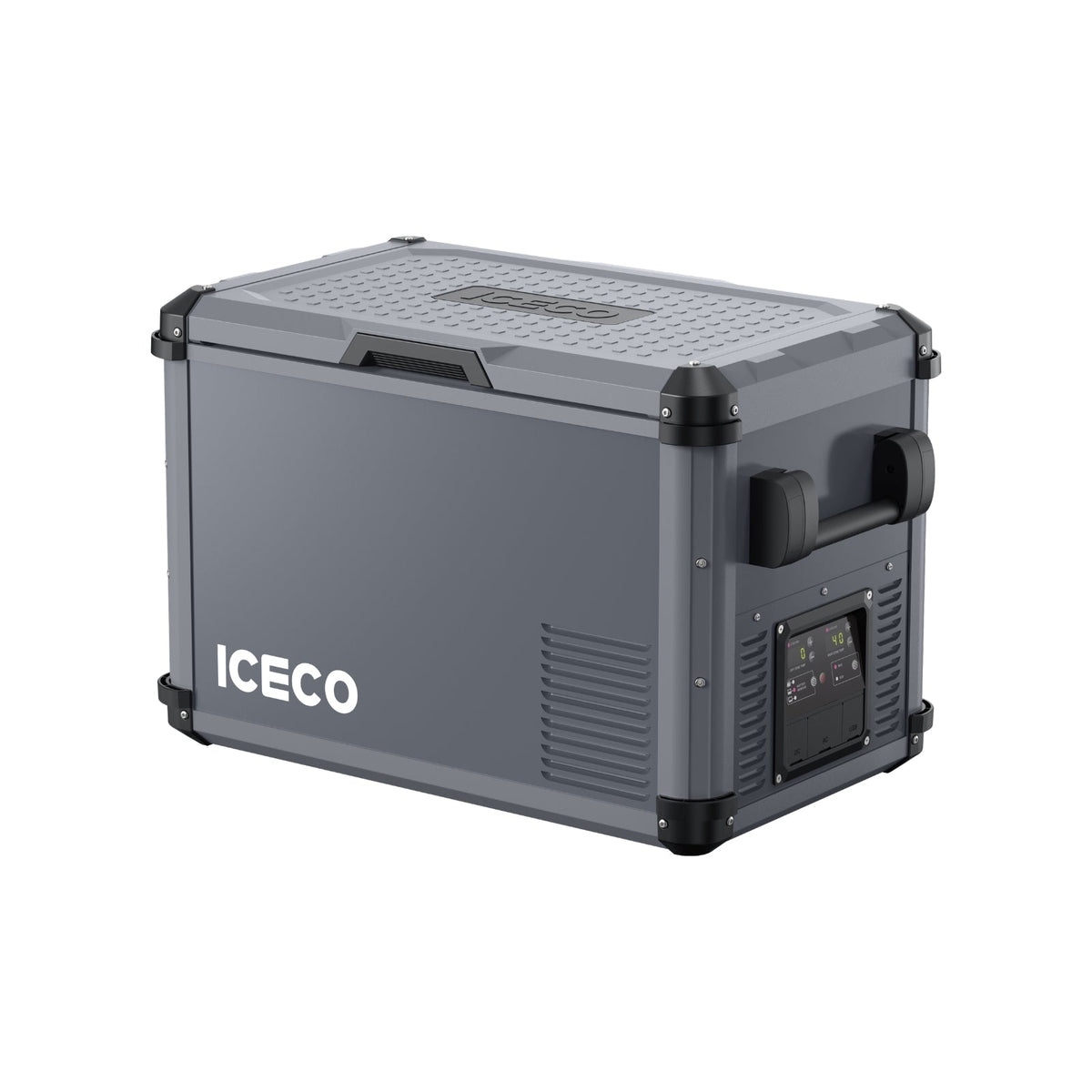 ICECO VL45ProD dual-zone portable freezer in gray, front three-quarter view with the lid closed