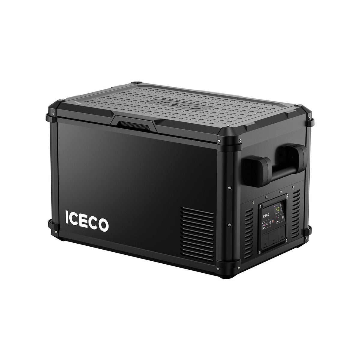 ICECO VL60ProS portable freezer in black, front three-quarter view with the lid closed