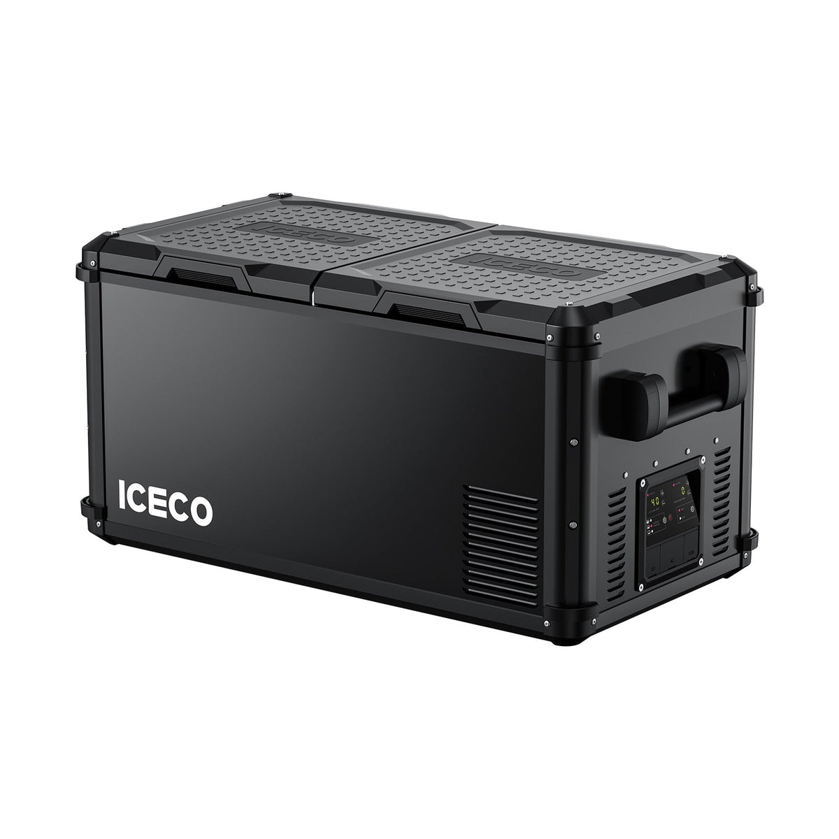 ICECO VL75ProD dual-zone portable freezer in black, front three-quarter view with the lids closed