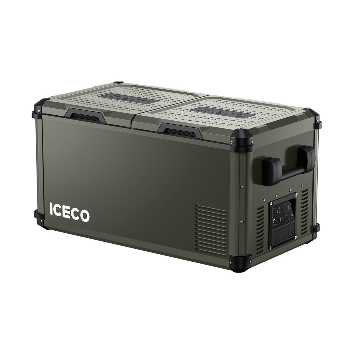 ICECO VL75ProD dual-zone portable freezer in olive green, front three-quarter view with the lids closed