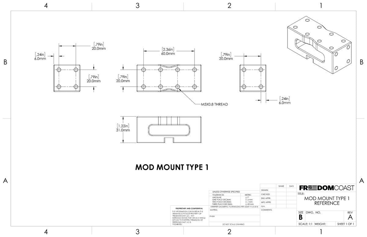 MODmount Type 1 base dimension drawing with M5 thread pattern
