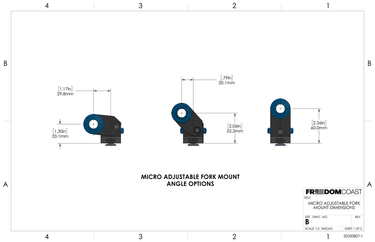 Micro fork mount drawing showing three angle options and axle heights