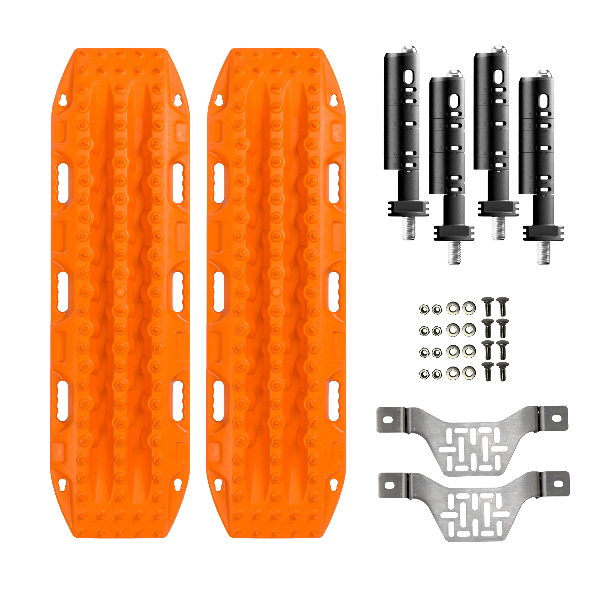 Mounting bundle showing Orange Maxtrax, stealth mounts, mounting pins and hardware